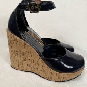 Kork-Ease Navy Blue Patent Leather Cork Wedge Heels Ankle Strap Size 8